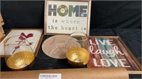 4 home signs, with 2 drinking glasses with art