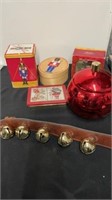 Christmas ornament jar, bells, nut cracker tin,