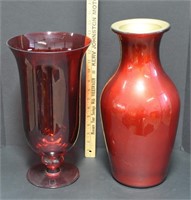 2 red glass vases