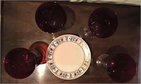 red  & clear glass goblets w/ 4 card plates