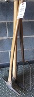pitch fork and 2 coal pick axes