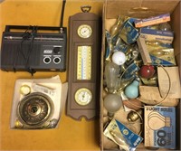 Vintage lamp bulbs, radio, barometer, etc.