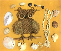 crocheted Owl Hanging & sea shells