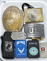 Military Lot. Lighters, Belt Buckles, Tie Clips