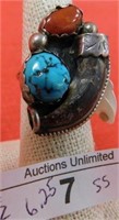 STERLING SILVER AND TURQUOISE CORAL RING SIZE 6.25