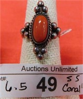 STERLING SILVER CORAL RING SIZE 6.50