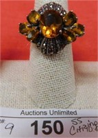 STERLING SILVER SIZE 9 CITRINE & MARQUISATE RING