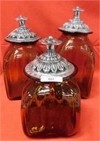 3 PC. SET OF PEWTER & AMBER GLASS CANISTERS ~ TALL