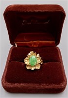 14 KT YELLOW GOLD, JADE CABOCHON AND SMALL DIAMOND