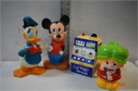 Mickey Mouse, Donald Duck, Piggy Banks w/misc bank