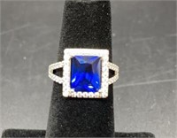 Sterling Silver Blue Sapphire Rectangular Halo C