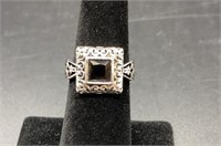 Sterling Silver Ornate Square Cut Black CZ Ring