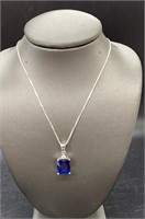 Sterling Silver Rectangular Blue Sapphire Pendant
