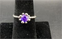 Sterling Silver Beaded Amethyst Round CZ
