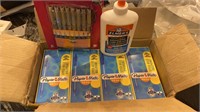 8 boxes of Paper mate ink joy, elmers glue and