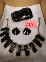 1950's Black Bakelite Necklace, Earring & Bracelet