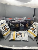 3 bags of chirps cricket chips and 8 boxes of Hu