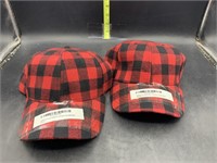 2 red Buffalo plaid hats