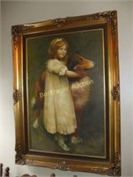 FRAMED OIL PANTING ON CANVAS - GIRL WITH COLLIE