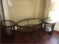 COFFEE TABLE, 2 END TABLES,  AND 1 GLASS LAMP