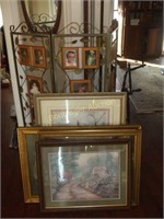 METAL PICTURE SCREEN AND 4 FRAMED PRINTS