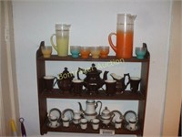 CONTENTS OF SHELF - 2 TEA SETS, GLASSWARE