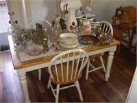 KITCHEN TABLE, 4 CHAIRS, GLASSWARE, AND CHINA
