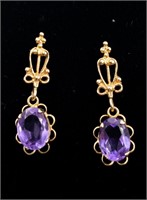 14 KT YELLOW GOLD AND AMETHYST DROP EARRINGS