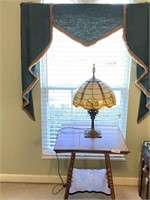 Wooden Side Table, Stained Glass Lamp & Valance
