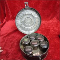 Antique tin spice container.w/cans.