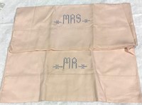 VINTAGE 2 PEACH EMBROIDERED PILLOW CASES MR MRS