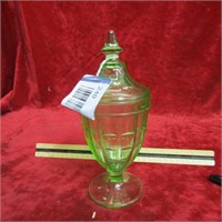 Vintage Vaseline glass compote w/lid. Very good co