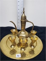 Brass Teapot, Platter & 7 Cups