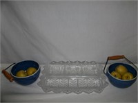 2 Blue Pots w/5 Artificial Pears & Snack Tray