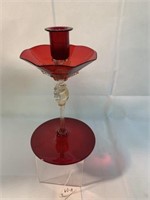 Venetian Red Glass Candle Stick w/ Gold Fleck Stem
