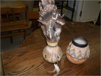 2 Indian Pots 1 w/Feathers: 6.5" & 5.5"
