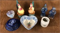 Pottery roosters, Santa’s, Shirley temple bowl
