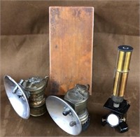 2 Miners lanterns, mini microscope