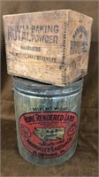 Royal baking powder wooden box, lard tin