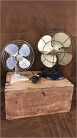2 Vtg fans, wooden box