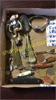 Misc. pocket shell knives, foreign coins, s