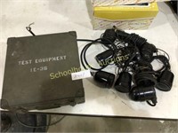 Signal Corps test equipment box & misc handsets