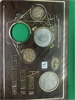 Plaque Containing 4 US Coins including 2 Silver
