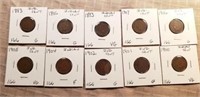10 Different Indian Head Cents 1883 1893 1896 1900