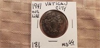 1941 One Lire Vatican City Coin MS66