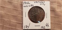 1942 One Lire Vatican City Coin MS66