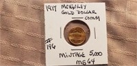 Rare 1917 McKinley Gold Commemorative Mintage 5000