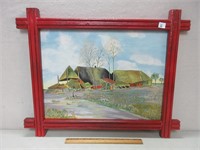 COLORFUL RED FRAMED SIGNED PAINTING