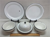 COLLECTIBLE ENAMELED PLATES, BOWLS,  BUTTER DISH