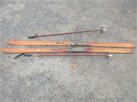 VINTAGE WOODEN SKIS AND POLES 83 INCHES
